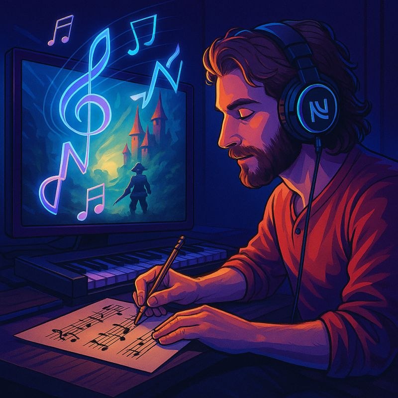 Un compositor con auriculares escribe una partitura frente a un teclado y una pantalla con un videojuego de fantasía del que brotan notas musicales
