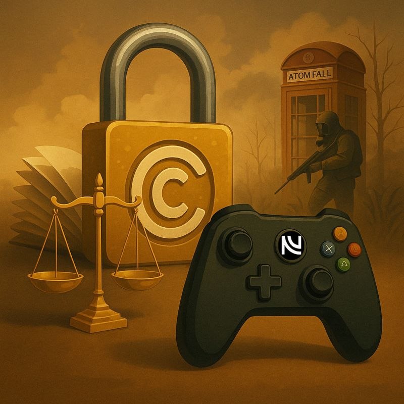 Un candado con el símbolo de copyright y una balanza junto a un mando de videojuego, con una cabina telefónica británica rotulada Atomfall y una figura con máscara antigás al fondo