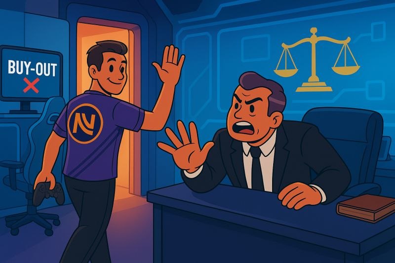 Un jugador de esports sale por la puerta despidiéndose mientras un directivo enfadado lo señala desde su mesa, con una pantalla que dice buy-out y una balanza de la justicia al fondo
