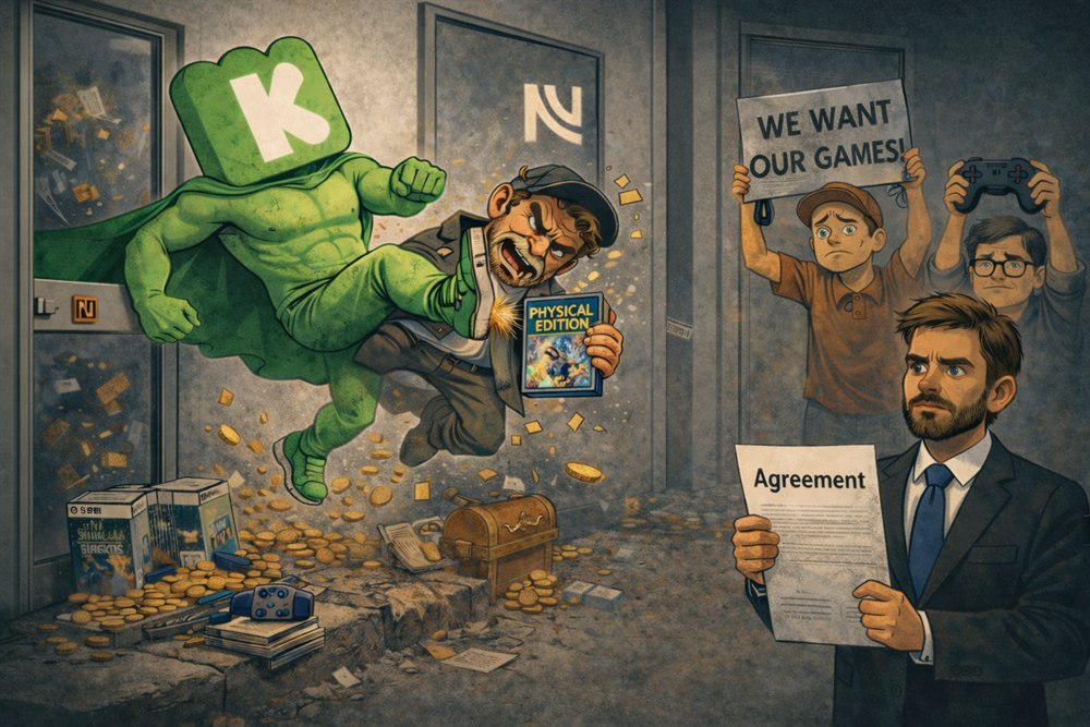 Un superhéroe con el logo de Kickstarter golpea a un desarrollador que sujeta una edición física, mientras unos mecenas protestan con carteles y un abogado sostiene un contrato