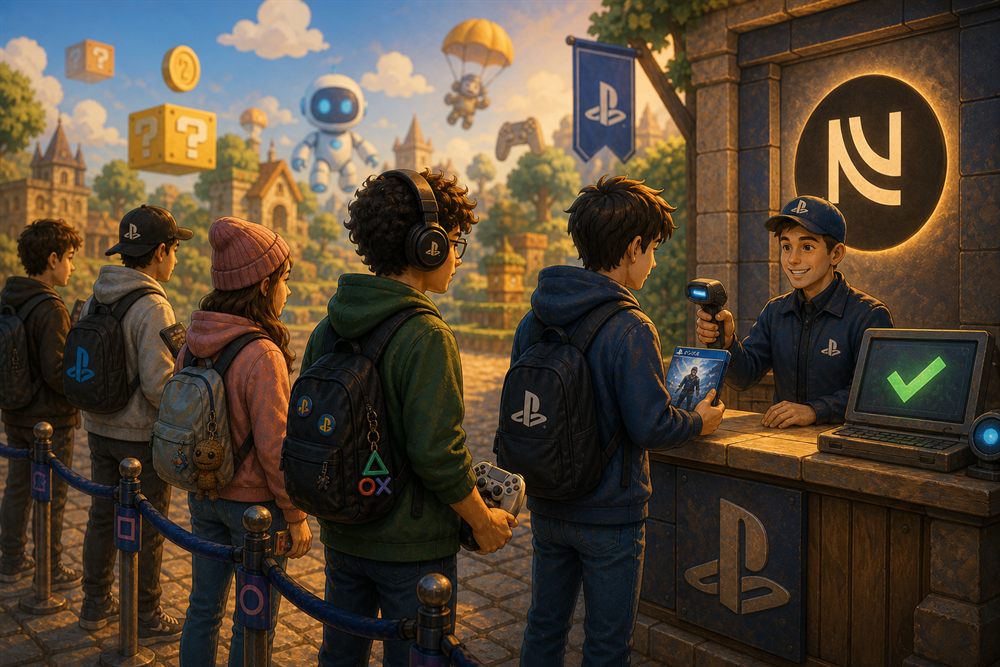DRM de PS5 y licencia de 30 días de los juegos digitales: jugadores con mochilas de PlayStation ante un mostrador que valida la licencia