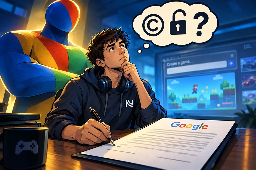 Un creador escribe un prompt del que brota un videojuego, entre un contrato de términos y condiciones y el logo de NN Agency