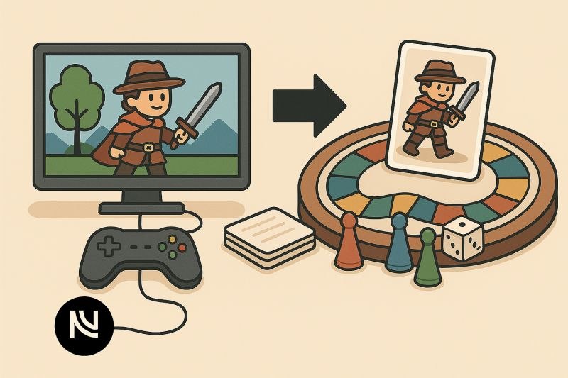 Un personaje de videojuego pasa de la pantalla de un televisor a una carta de un juego de mesa con tablero, fichas y dado, con el logo de NN Agency
