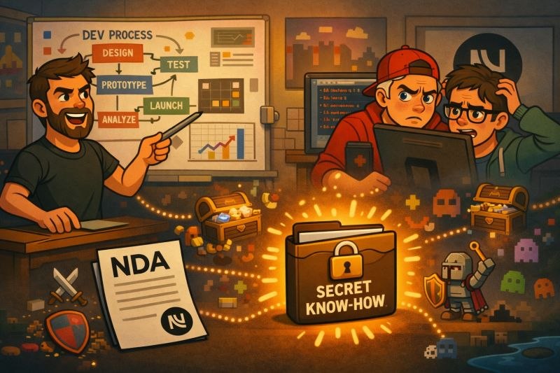 El responsable de un estudio explica el proceso de desarrollo en una pizarra junto a una carpeta cerrada con candado rotulada «secret know-how» y un NDA, mientras dos personas intentan verla