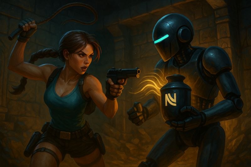 Ilustración de Lara Croft enfrentándose a un robot que simboliza el clon de voz por IA y sostiene una vasija con el logo de NN Agency