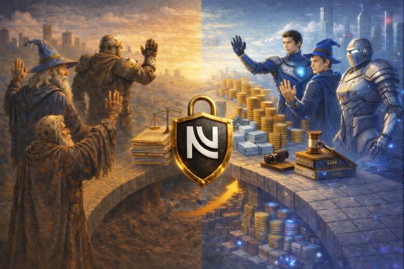 Personajes de fantasía clásica saludan desde un mundo antiguo a sus versiones modernizadas al otro lado de un puente, con un escudo con el logo de NN Agency en el centro