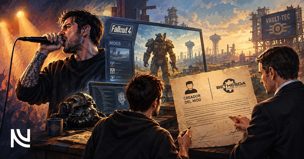 Un cantante actúa junto a una pantalla con mods de Fallout 4 mientras un modder trabaja en su portátil y un directivo revisa un contrato entre el creador del mod y Bethesda