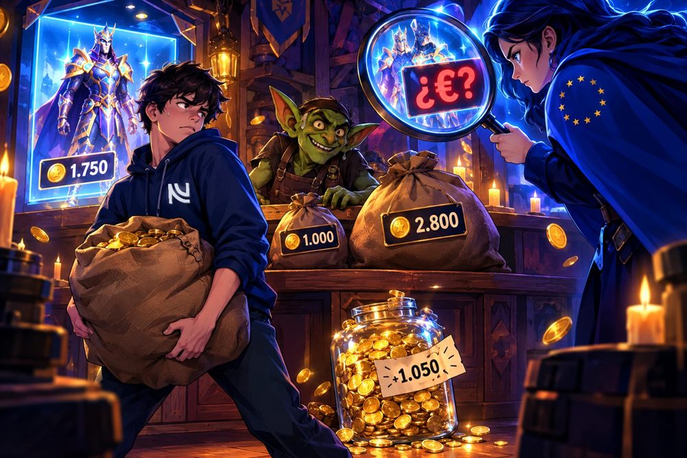 Microtransacciones y monedas virtuales: un jugador con la sudadera de NN Agency carga una bolsa de 2.800 monedas para una skin de 1.750, con 1.050 monedas sobrantes, mientras una inspectora de la Unión Europea busca con una lupa el precio en euros