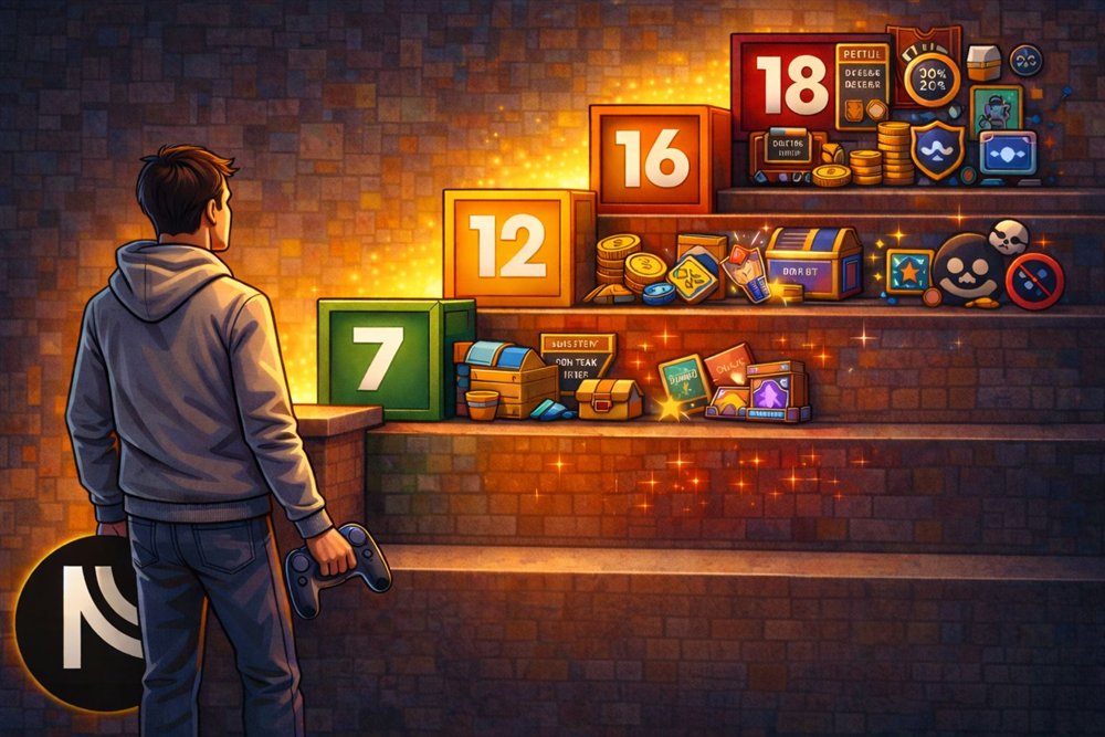 Un jugador con un mando ante una escalera con los niveles PEGI 7, 12, 16 y 18, con cajas de recompensa y monedas acumuladas en los escalones más altos