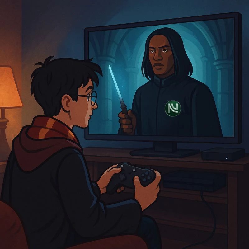 Video game adaptation and the right of integrity: a boy with glasses and a scarf holds a controller in front of a TV where a teacher in a black robe, with the NN Agency crest on his chest, holds a wand