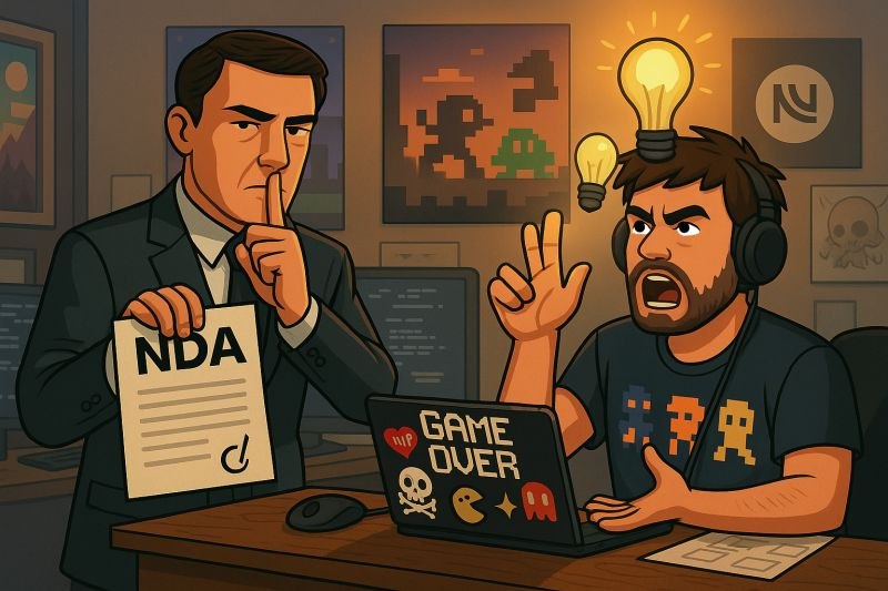 Un directivo con un documento de NDA pide silencio mientras un desarrollador con auriculares protesta ante un portátil lleno de pegatinas con la frase Game Over