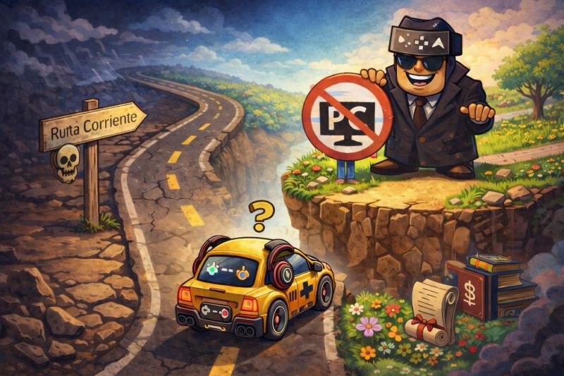 Un coche con forma de videojuego duda en una bifurcación: una carretera oscura señalizada como ruta corriente y un camino florido bloqueado por un ejecutivo con una señal de prohibido con un ordenador