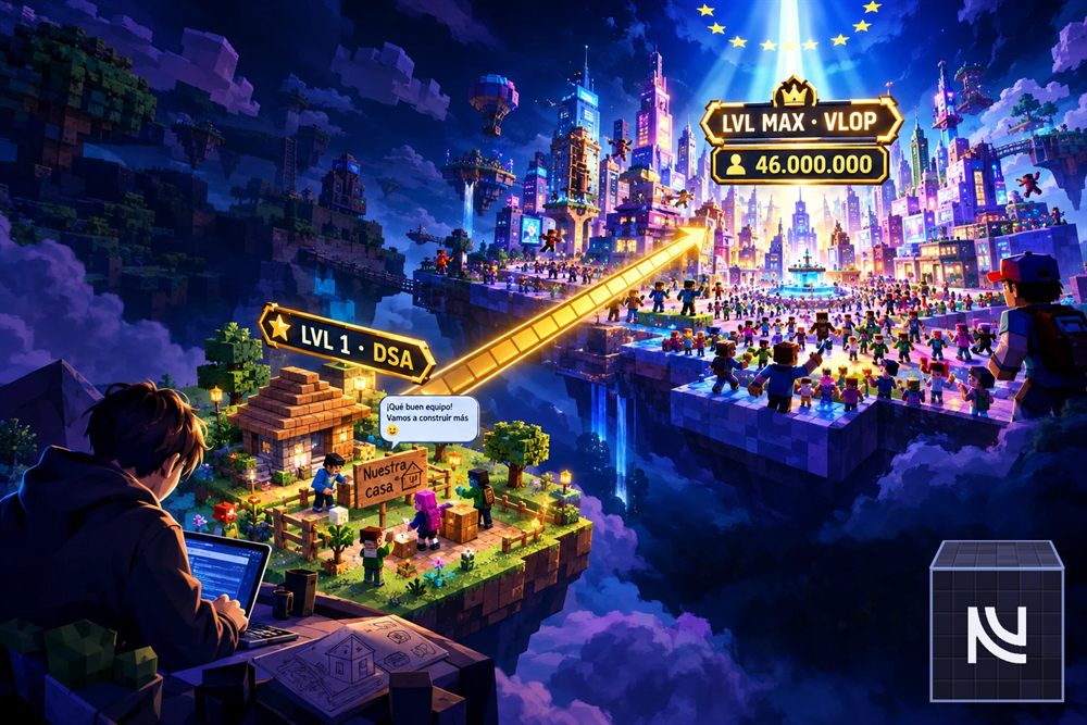Roblox y la Ley de Servicios Digitales: un desarrollador indie con su pequeño mundo de bloques creado por los jugadores (LVL 1 · DSA) unido por una barra de experiencia a una ciudad gigante de avatares bajo las estrellas de la UE (LVL MAX · VLOP, 46.000.000), con el logo de NN Agency