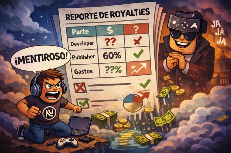 Un desarrollador con la camiseta de NN Agency grita «mentiroso» ante un reporte de royalties lleno de interrogantes, mientras el publisher se ríe rodeado de billetes