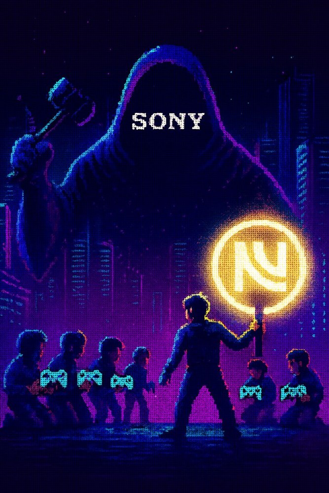 Ilustración en estilo píxel del monopolio de Sony: una figura encapuchada gigante con un mazo sobre una multitud de jugadores, ante la que un desarrollador alza una antorcha con el logo de NN Agency