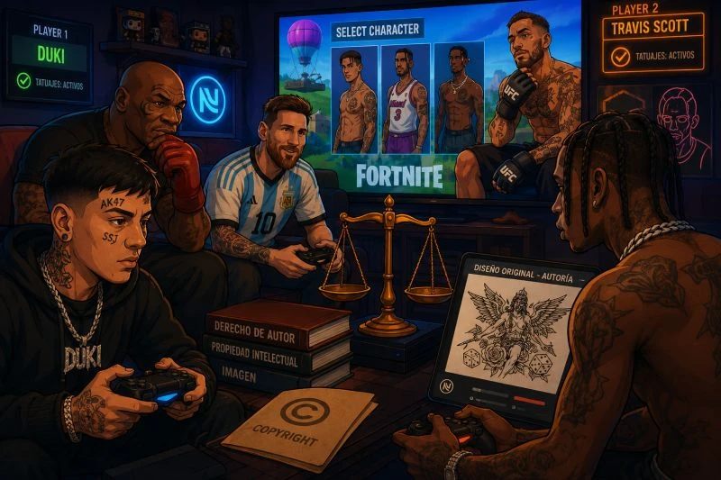 Illustration of tattooed athletes and singers playing a character-select video game, with scales of justice, copyright law books and an original tattoo sketch signed by NN Agency
